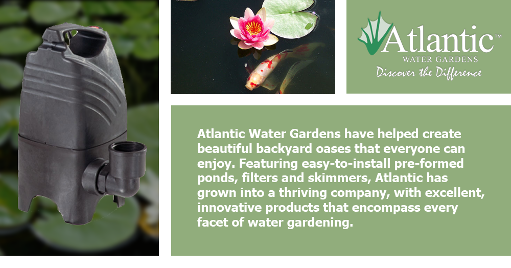 Atlantic Water Gardens have helped create beautiful backyard oases that everyone can enjoy. Featuring easy-to-install pre-formed ponds, filters and skimmers, Atlantic has grown into a thriving company, with excellent, innovative products that encompass every facet of water gardening. 